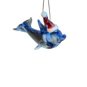 Glass blue Dolphin Christmas Ornament With Santa Hat By Gallerie‎ II